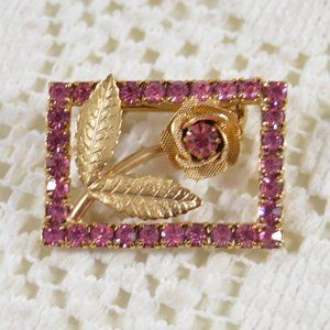 Vintage Pink Rhinestone Flower Pin Brooch